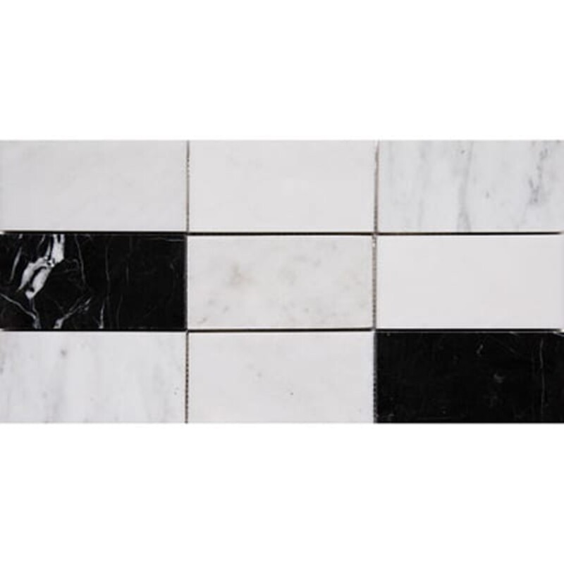 Black White Grey Polished Subway On Mesh 2 3/4×5 1/2 Marble Mosaics 8 1/2×16 3/4
