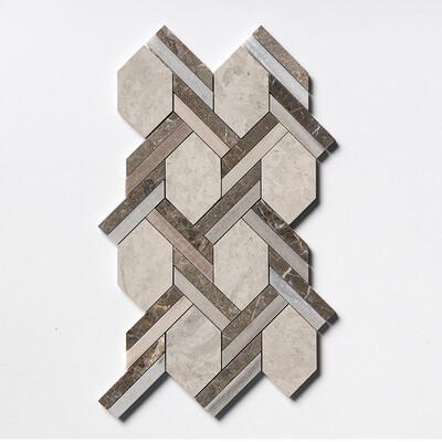 Britannia, Skyline, Silver Drop Multi Finish Braided Hexagon Limestone Mosaics 9 11/16×16 7/16