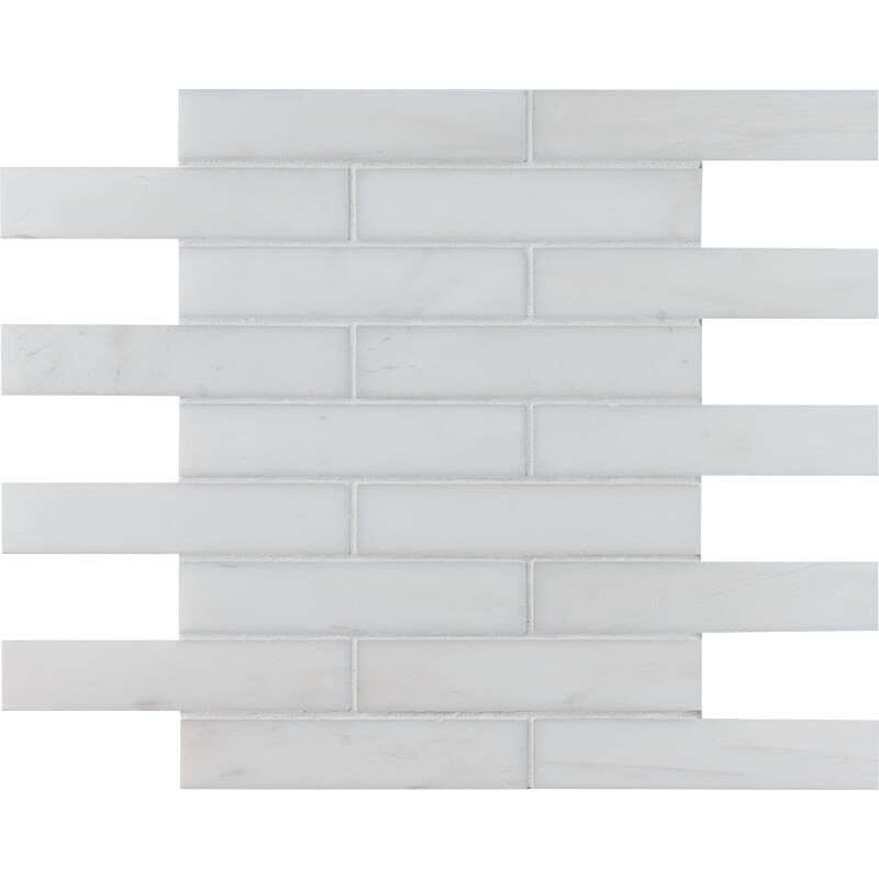 Snow White Polished Staggered Joint Marble Mosaic 12x12