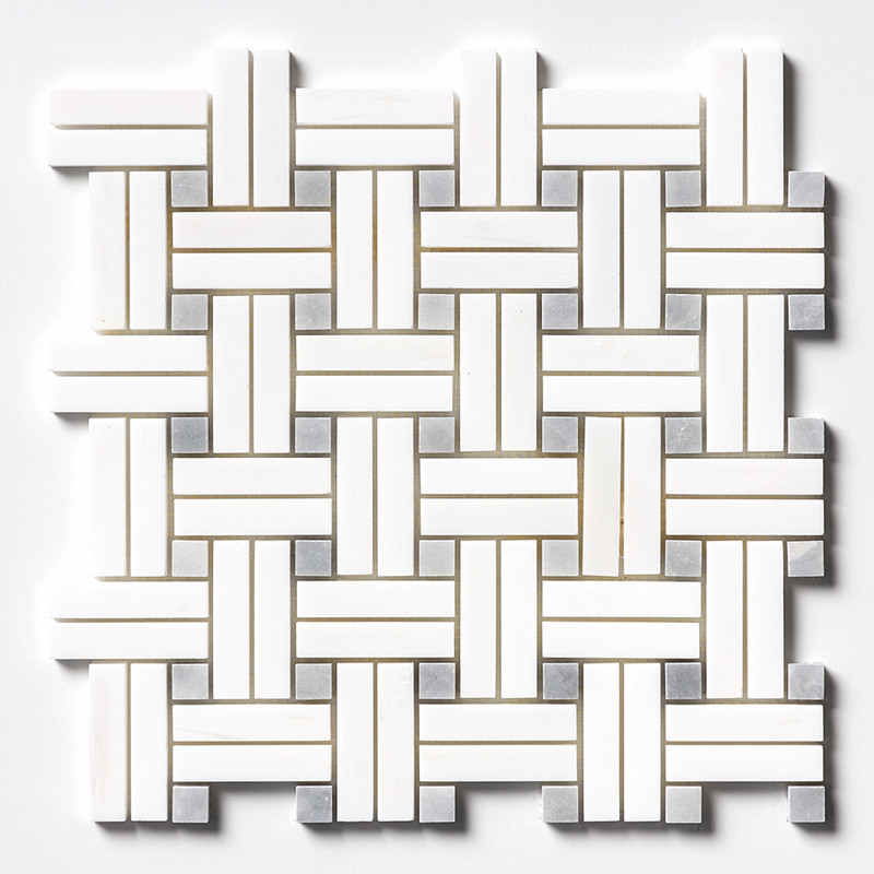 Snow White Mosaico de mármol apomazado diagonal Basket Weave 12x12
