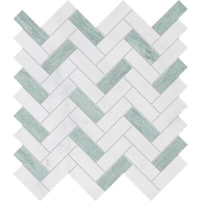 Verde Capri, Avalon Espiga de cuero 5/8x2 Mosaico de mármol 12 1/8x13 3/8