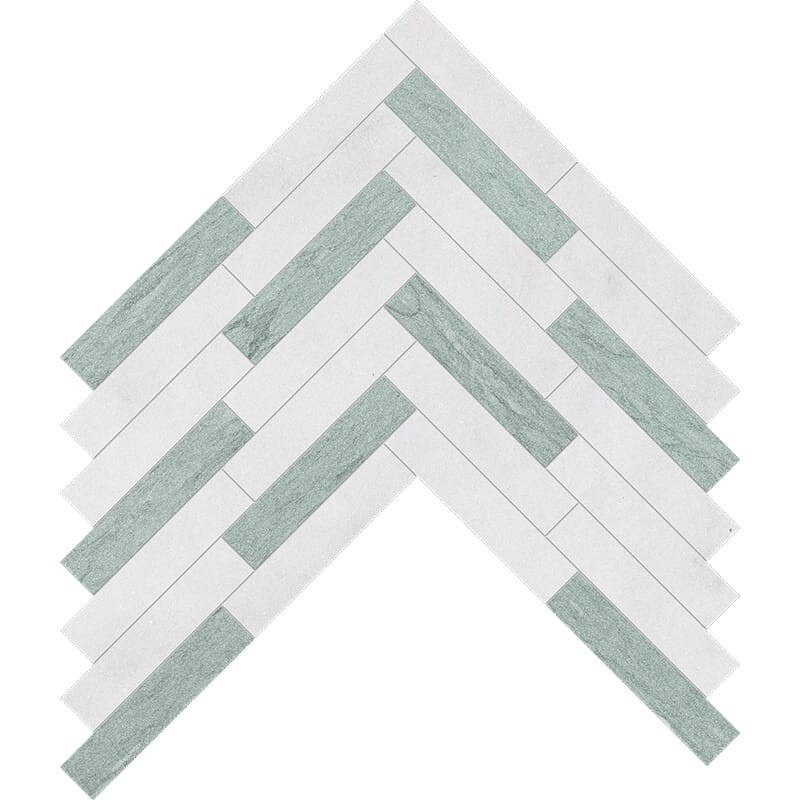 Glacier, Verde Capri Leather Large Herringbone Marble Mosaics 12 7/8×9 11/32