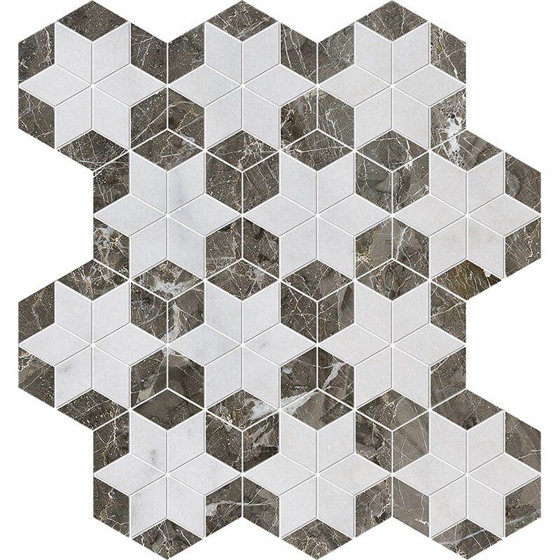 Avalon, Silver Drop Polished Stars Marble Mosaic 14 3/16x14 15/16