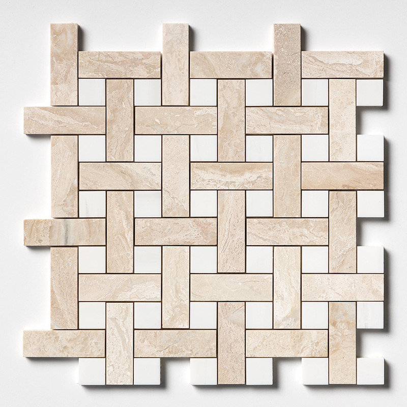 Diana Royal, Snow White Multi Finish Basket Weave 1×3 Marble Mosaics 12×12