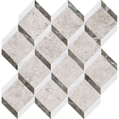 Silver Clouds, Snow White, Arctic Gray Multi Finish Steps 3d Mermer Mozaik 14 9/16x14 15/16
