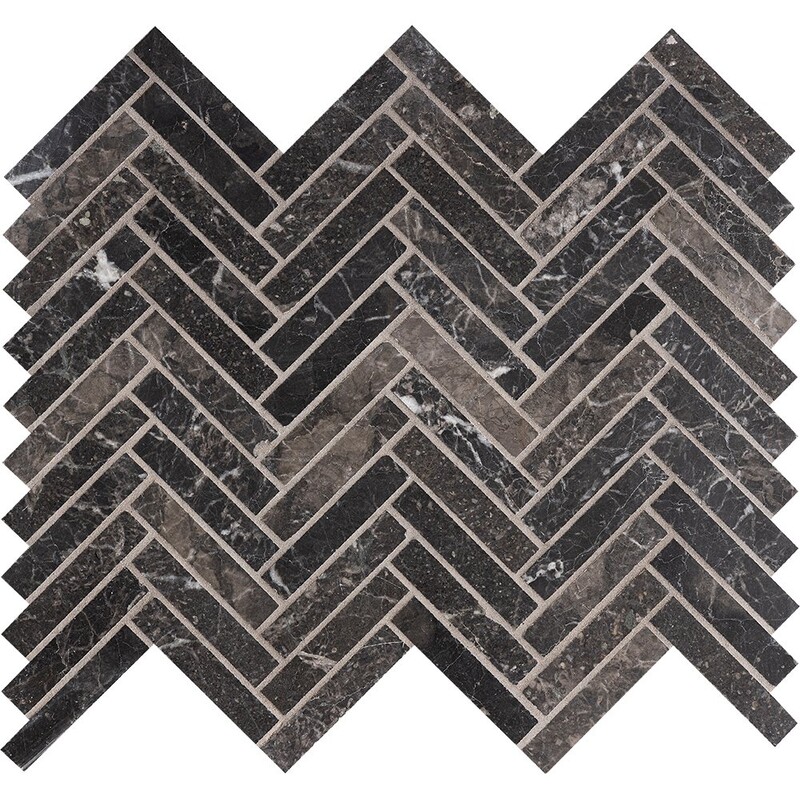 Iris Black Mosaico de mármol Honed Herringbone 5/8x3 10 7/16x12 13/16