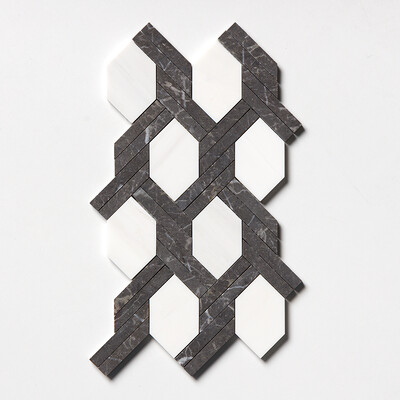 Iris Black, Snow White Mosaico de mármol hexagonal trenzado apomazado 9 11/16x16 7/16