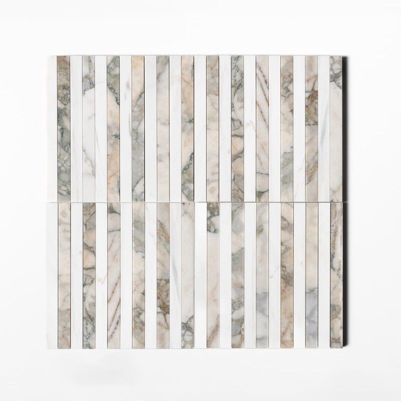 Calacatta Green, Snow White Honed Mod Stripes Marble Mosaics 12×12