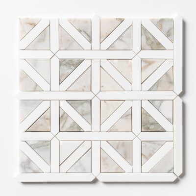 Calacatta Green, Snow White Honed Classic Lattice Marble Mosaics 14 3/4×14 3/4
