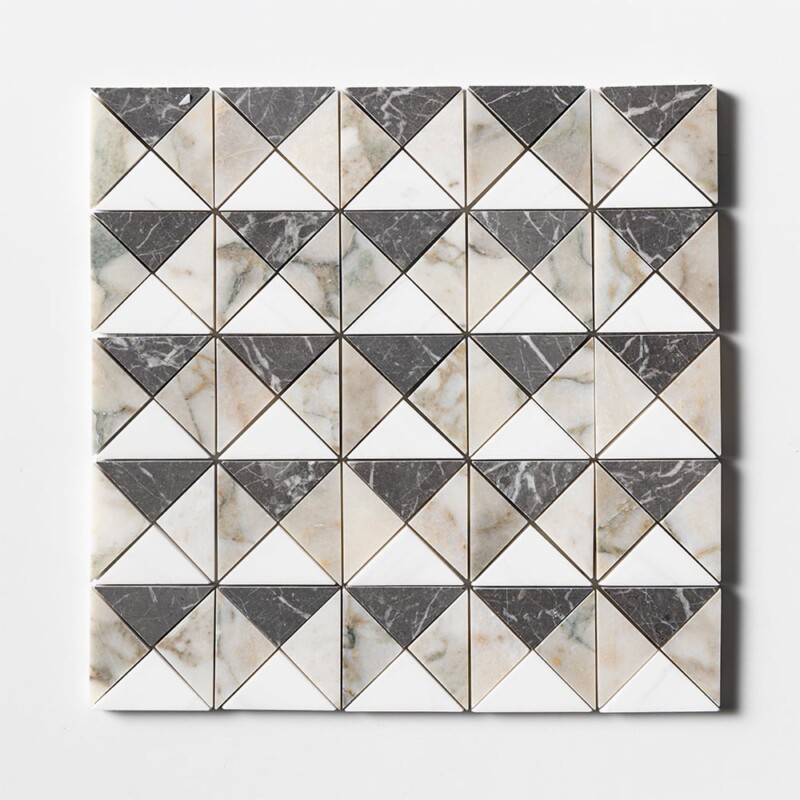 Calacatta Green, Iris Black, Snow White Honed Devon Marble Mosaics 12 1/2×12 1/2