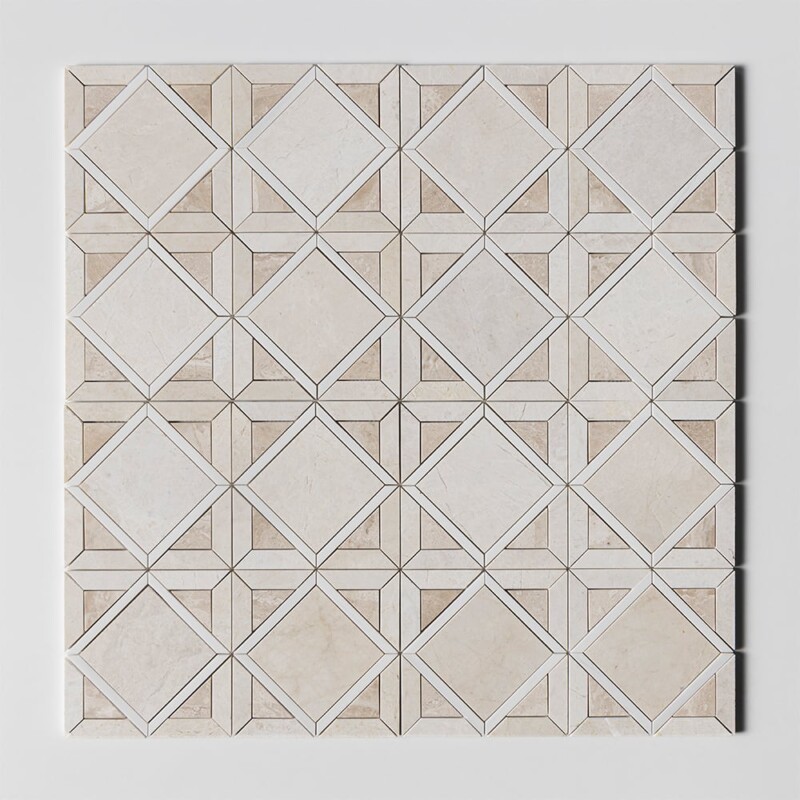 Diana Royal, Snow White, Vanilla Honed Kent Marble Mosaics 13 9/16×13 9/16