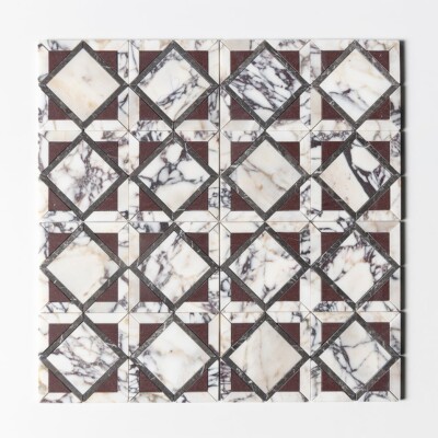 Calacatta Picasso, Iris Black, Aegean Red Honed Kent Marble Mosaics 13 9/16×13 9/16