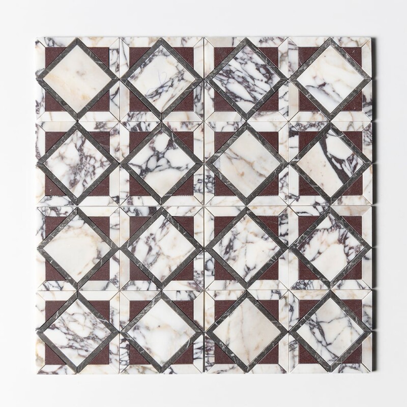 Calacatta Picasso, Iris Black, Aegean Red Honed Kent Marble Mosaics 13 9/16×13 9/16