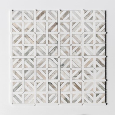 Calacatta Green, Snow White Honed Ponte Basket Marble Mosaics 14 3/4×14 3/4