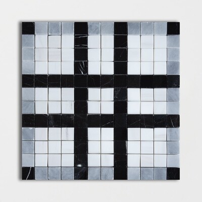 Black, Snow White, Allure Multi Finish Checker Marble Mosaic 12x12