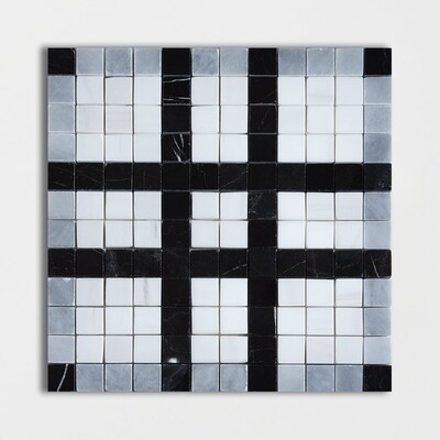 Black, Snow White, Allure Multi Finish Checker Marble Mosaics 12×12