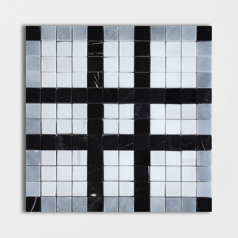 Black, Snow White, Allure Multi Finish Checker Marble Mosaic 12x12