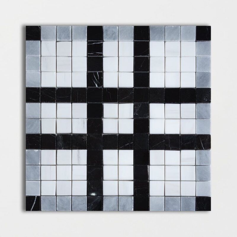 Black, Snow White, Allure Multi Finish Checker Marble Mosaic 12×12 Image