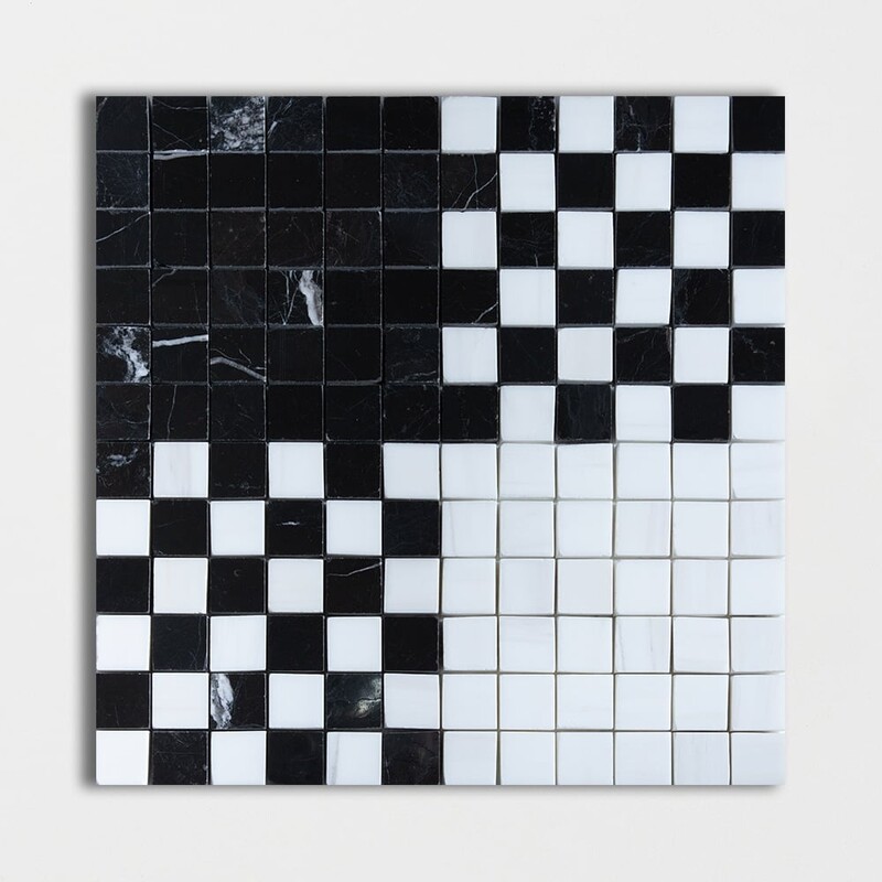 Black, Snow White Multi Finish Checker And Solid Marble Mosaics 12×12