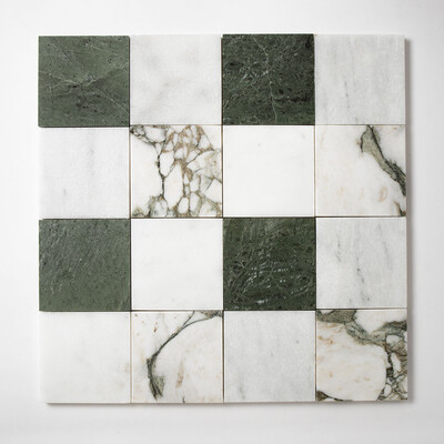 Calacatta Green, Verde Tia, Glacier Multi Finish 4x4 Marble Mosaic 16x16