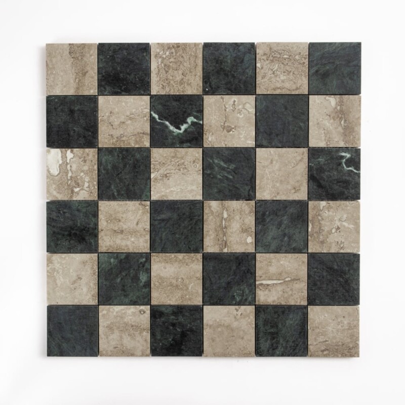Roman Travertine, Verde Lucia Honed Petite Chester Marble Mosaics 12×12