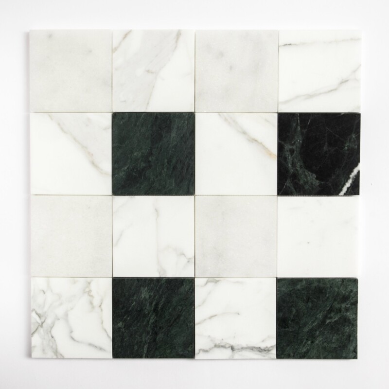 Calacatta Gold, Glacier, Verde Oriental Honed 4×4 Marble Mosaics 16×16