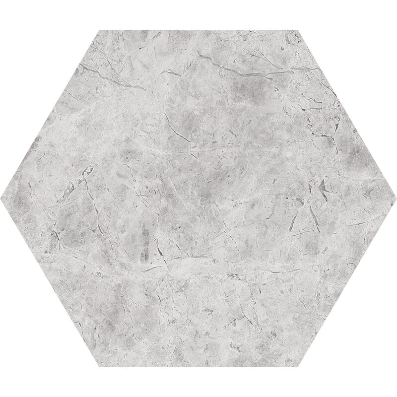 Hexagon Silver Shadow Honed Marble Waterjet Decos 5 25/32x5
