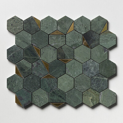 Mosaico de Mármol Hexan Brass, Verde Tia Honed 10 1/4x11 3/4