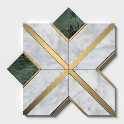 Latón, Verde Tia, Blanco Carrara Honed Arlo Mosaico de mármol 11 15/16x11 15/16