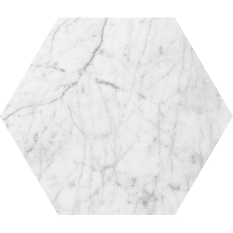 Hexagon White Carrara C Polished Marble Waterjet Decos 5 25/32x5