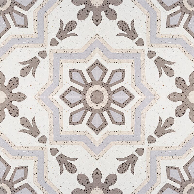 Imagen de baldosa de cemento Bel Canto pulida de 8x8 pulgadas en tonos marrón, marrón claro, beige y gris.