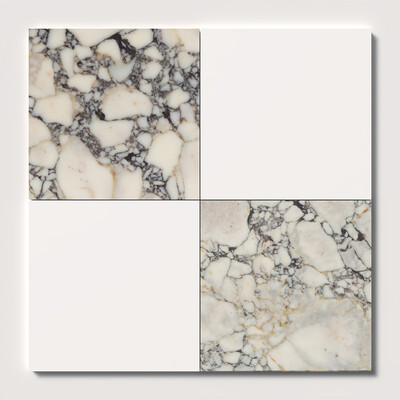 Aspen White, Calacatta Picasso Honed Checkerboard Pattern Marble Tiles 18×18