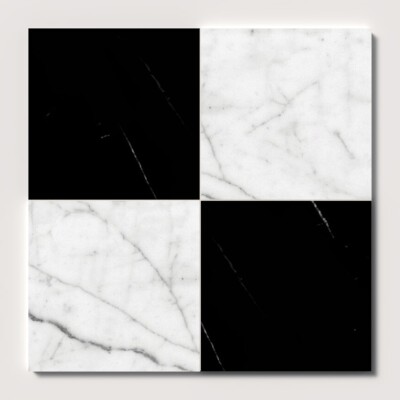 Black, White Carrara C Polished Checkerboard Pattern Marble Tiles 12×12
