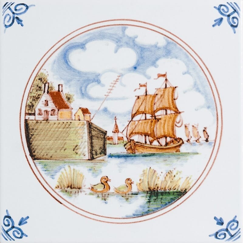 Gemi Sahnesi Desenli Dairesel Sırlı Delft Seramik Karo 6x6
