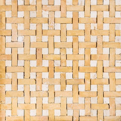 Yellow, White Honed Basket Weave Limestone Mosaics 8×8