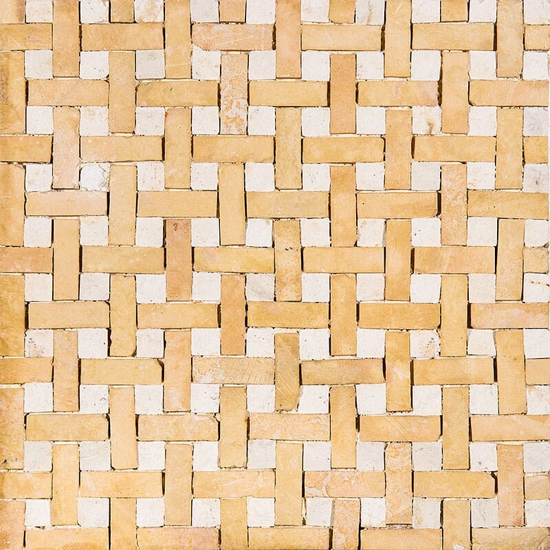 Yellow, White Honed Basket Weave Limestone Mosaics 8×8