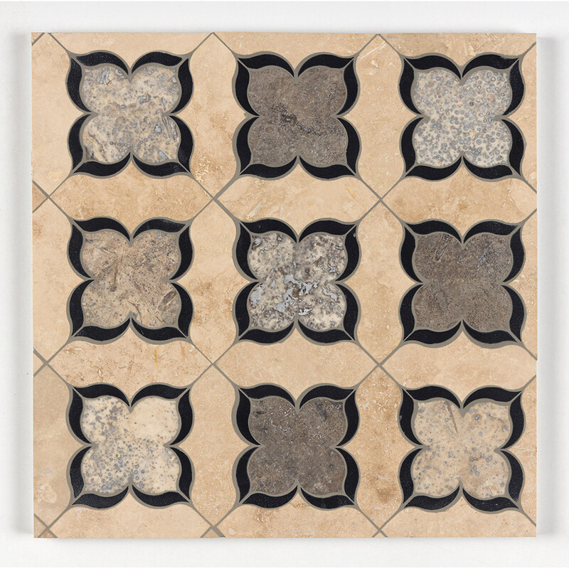 Black Matte, Ivory, Silverado Honed Azalea Waterjet Travertine Mosaics 13 3/16×13 3/16