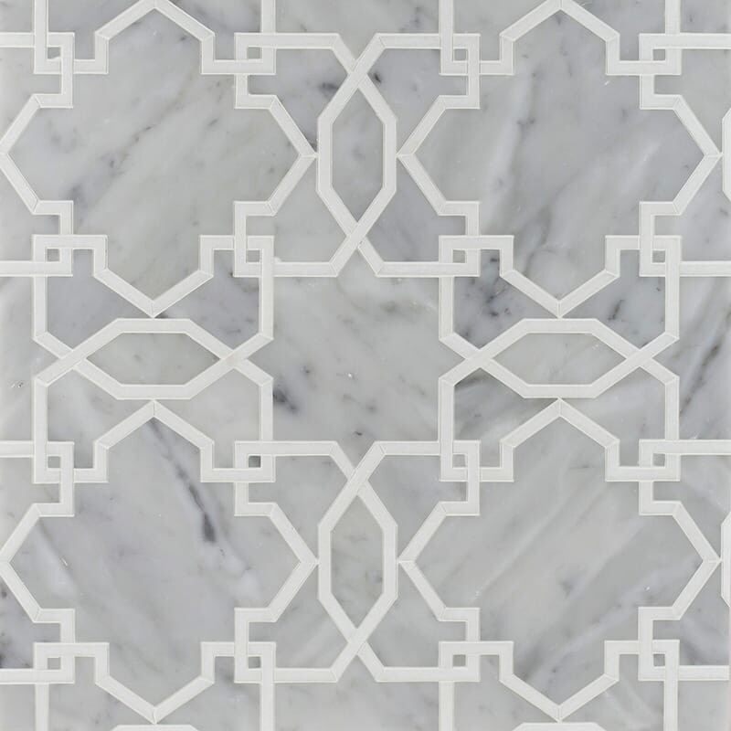 Tamara White Carrara, Thassos White Multi Finish Marble Waterjet Decos 9 23/32x9 23/32