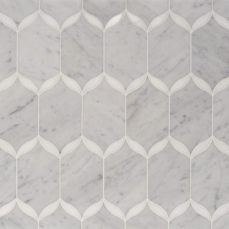 Caridad White Carrara, Thassos White Multi Finish Marble Waterjet Decos 9 23/32x13 1/4