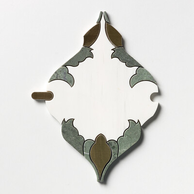 Snow White, Brass, Verde Tia Honed Floral Arabesque Marble Mosaic 8 3/16x11 13/16