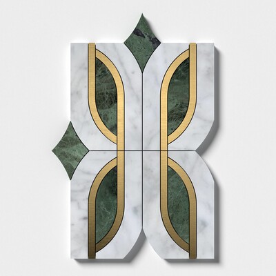 Latón, Verde Tia, Blanco Carrara Honed Mármol Mariposa Mosaico 7 13/16x11 3/4