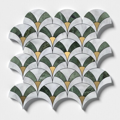 Latón, Verde Tia, Blanco Carrara Honed Sensu Mármol Mosaico 3 5/8x3 7/8