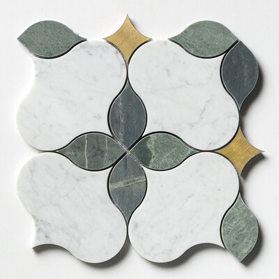 Latón, Verde Tia, Mosaico de Mármol Blanco Carrara Honed Lily 9 7/16x9 7/16