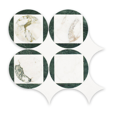 Verde Shana, Snow White, Calacatta Green Honed Aloha Marble Mosaic 10 11/16x10 11/16