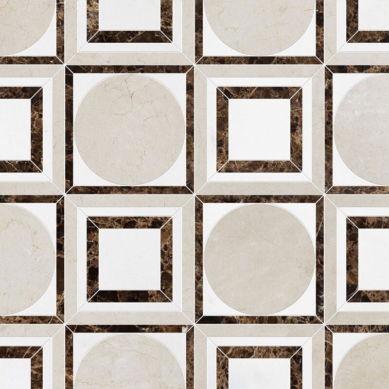 Crema Bella, Emperador Dark, Aspen White Polished Cicero Marble Mosaics 12×12