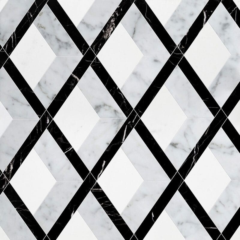 Hippodrome White Carrara, Black, Thassos White Multi Finish Marble Waterjet Decos 10 11/16x11 5/16