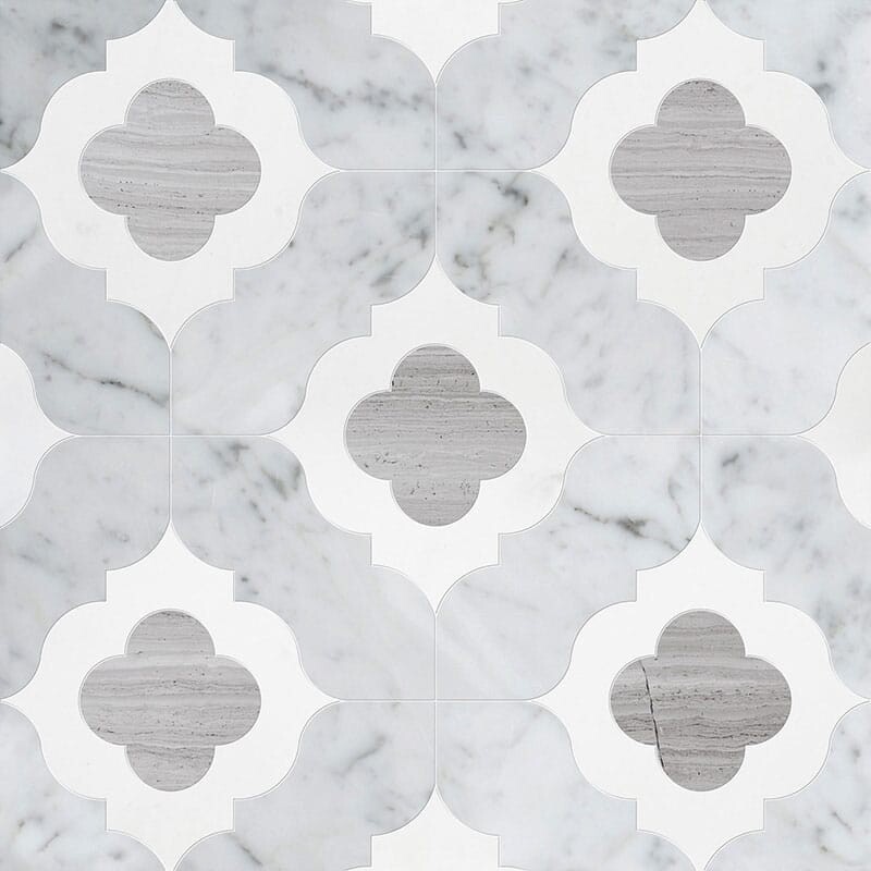 Irene White Carrara, Haisa Light, Thassos Multi Finish Marble Waterjet Decos 11 3/8x11 3/8