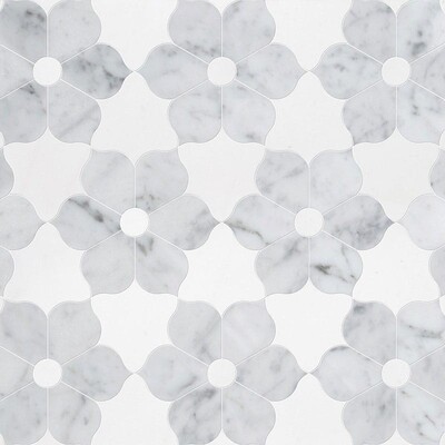Theodora White Carrara, Thassos White Multi Finish Mermer Su Jeti Dekorları 12 1/8x14