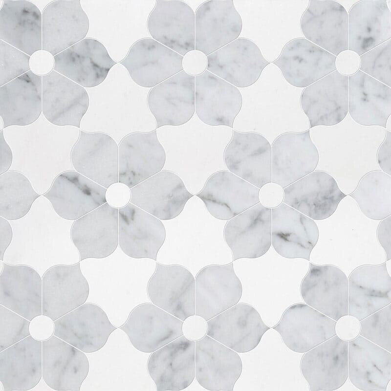 Theodora White Carrara, Thassos White Multi Finish Mármol Waterjet Decos 12 1/8x14