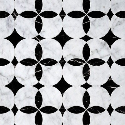 Mármol Constantine Blanco Carrara, Negro Acabado Múltiple Waterjet Decos 13 5/8x13 5/8
